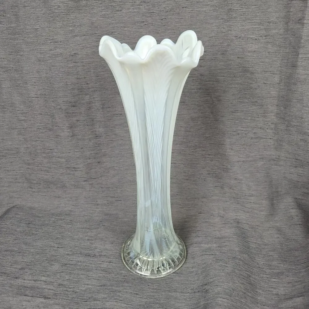 Vintage Fenton Opalescent Vase Strech Glass Swung Feathered White Ruffled 11.5
